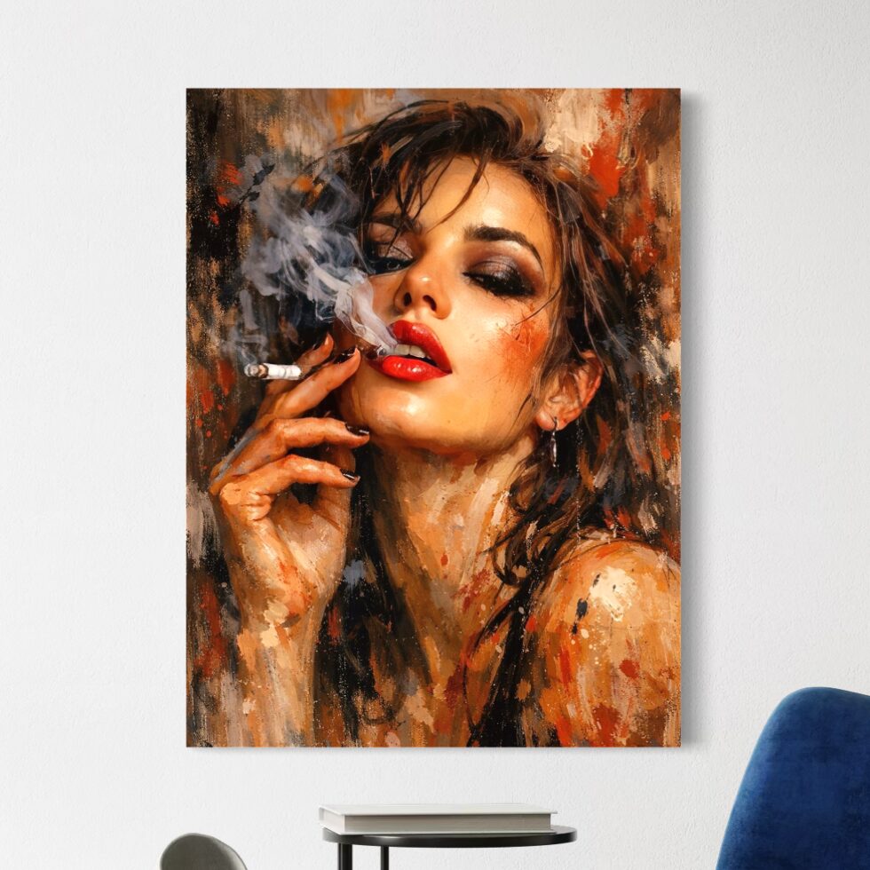 Tableau Femme Sensuelle – Ivresse Rouge Tableau Ivresse Rouge représentant un portrait de femme moderne et sensuelle aux lèvres rouges, avec fumée, regard intense, nuances chaudes et style pictural contemporain.