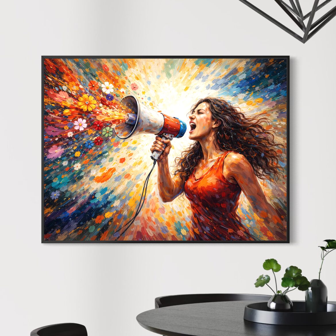 Tableau Femme Rebelle Reine Rebelle – Liberté d’Expression et Force Féminine Tableau femme rebelle moderne Reine Rebelle encadré représentant une femme forte criant dans un mégaphone symbole de liberté d’expression, de courage et d’émancipation féminine