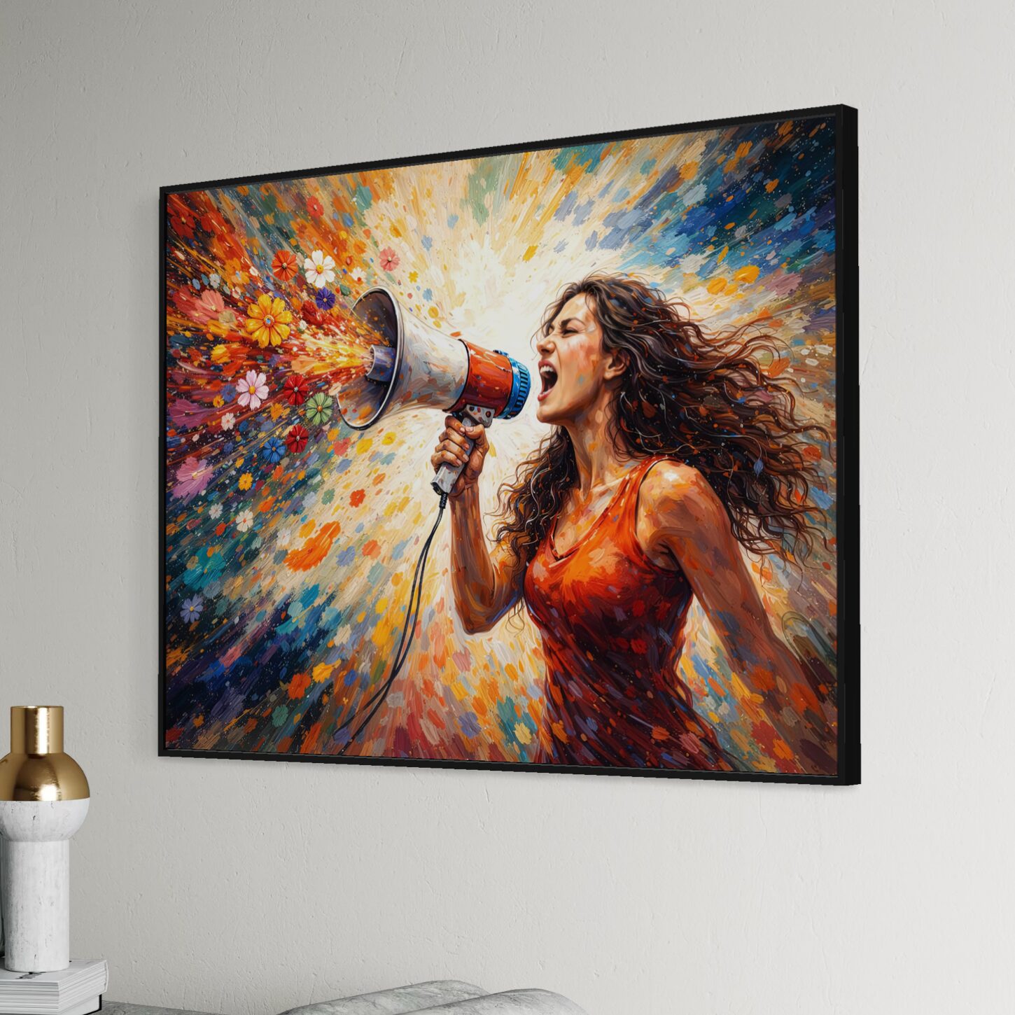 Tableau Femme Rebelle Reine Rebelle – Liberté d’Expression et Force Féminine Tableau femme rebelle Reine Rebelle encadré noir représentant une femme criant dans un mégaphone avec explosion de fleurs et de couleurs symbole de liberté d’expression et de force féminine