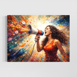 Tableau femme rebelle Reine Rebelle représentant une femme forte criant dans un mégaphone symbole de liberté d’expression, d’émancipation féminine et de courage contemporain