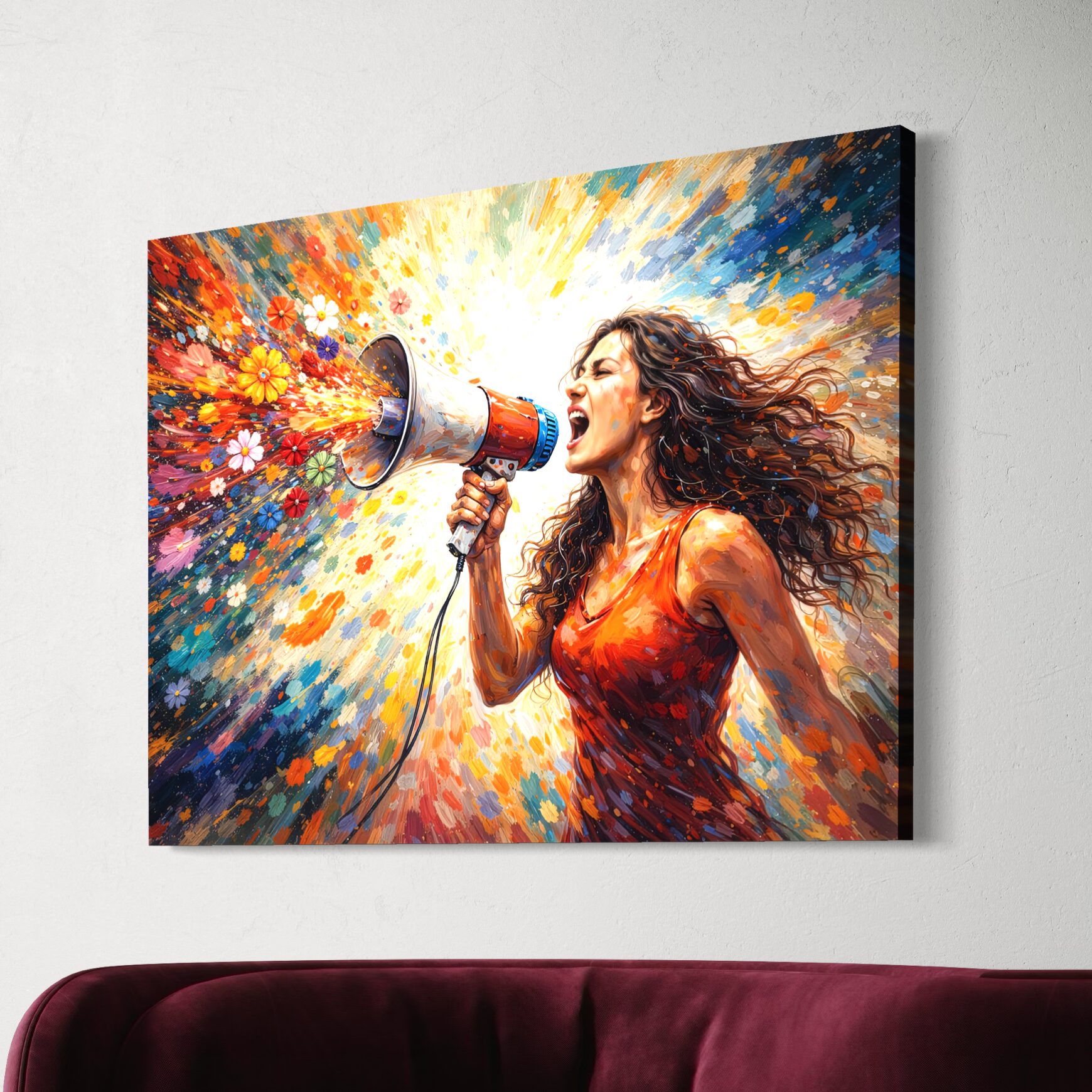 Tableau Femme Rebelle Reine Rebelle – Liberté d’Expression et Force Féminine Tableau Reine Rebelle vu en perspective représentant une femme libre criant dans un mégaphone avec explosion florale colorée symbole de liberté d’expression et d’émancipation féminine