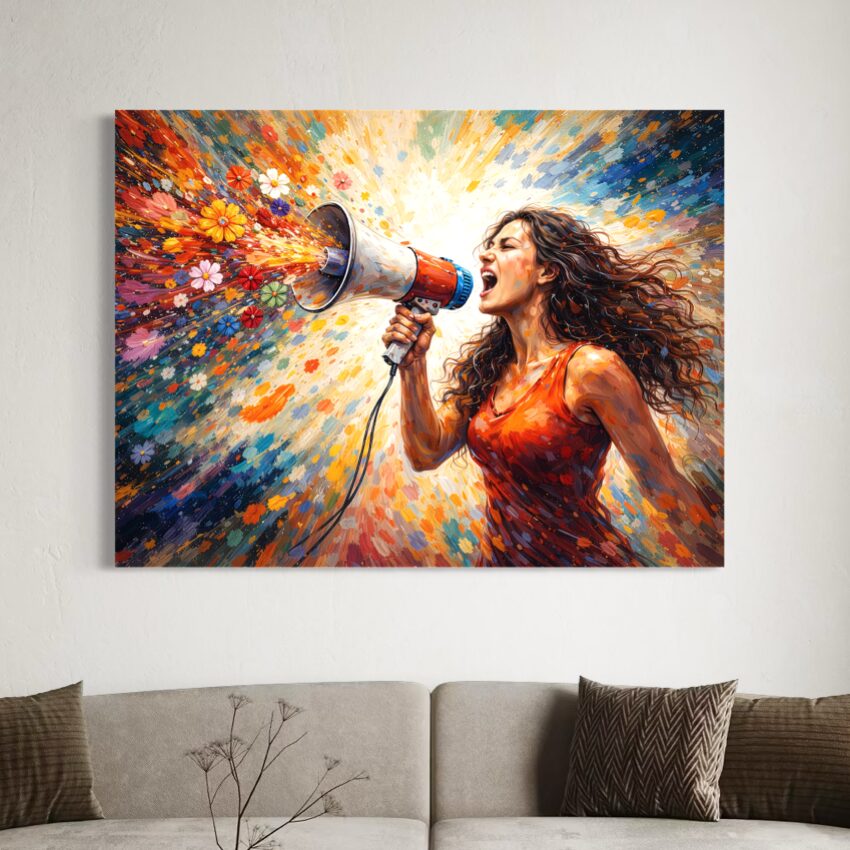 Tableau Femme Rebelle Reine Rebelle – Liberté d’Expression et Force Féminine Tableau Reine Rebelle représentant une femme libre criant dans un mégaphone entourée d’une explosion de fleurs et de couleurs symbole de liberté d’expression et de puissance féminine