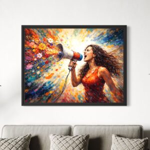 Tableau femme rebelle moderne Reine Rebelle encadré noir représentant une femme déterminée criant dans un mégaphone symbole de liberté d’expression et d’émancipation féminine