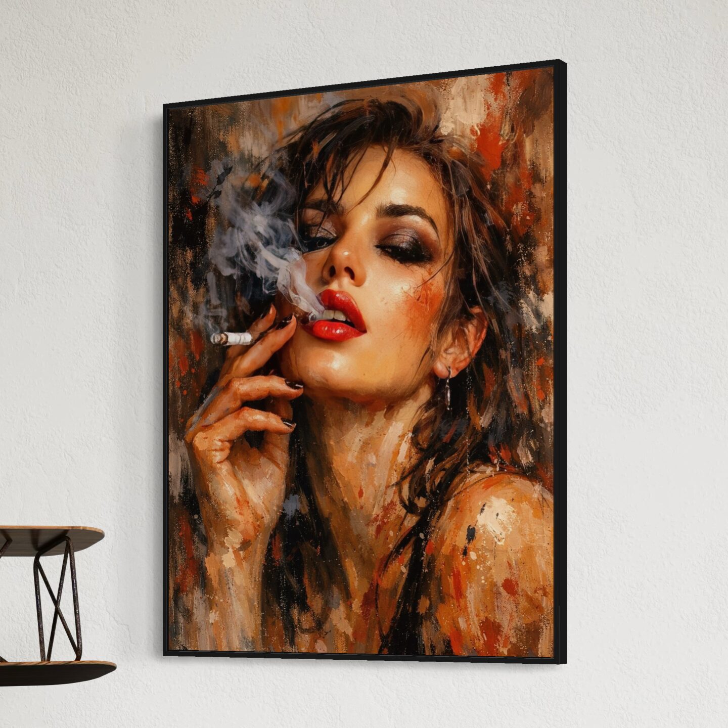 Tableau Femme Sensuelle – Ivresse Rouge Tableau Ivresse Rouge représentant un portrait de femme sensuelle aux lèvres rouges avec fumée, regard intense, nuances chaudes et style artistique contemporain dans une décoration murale élégante.