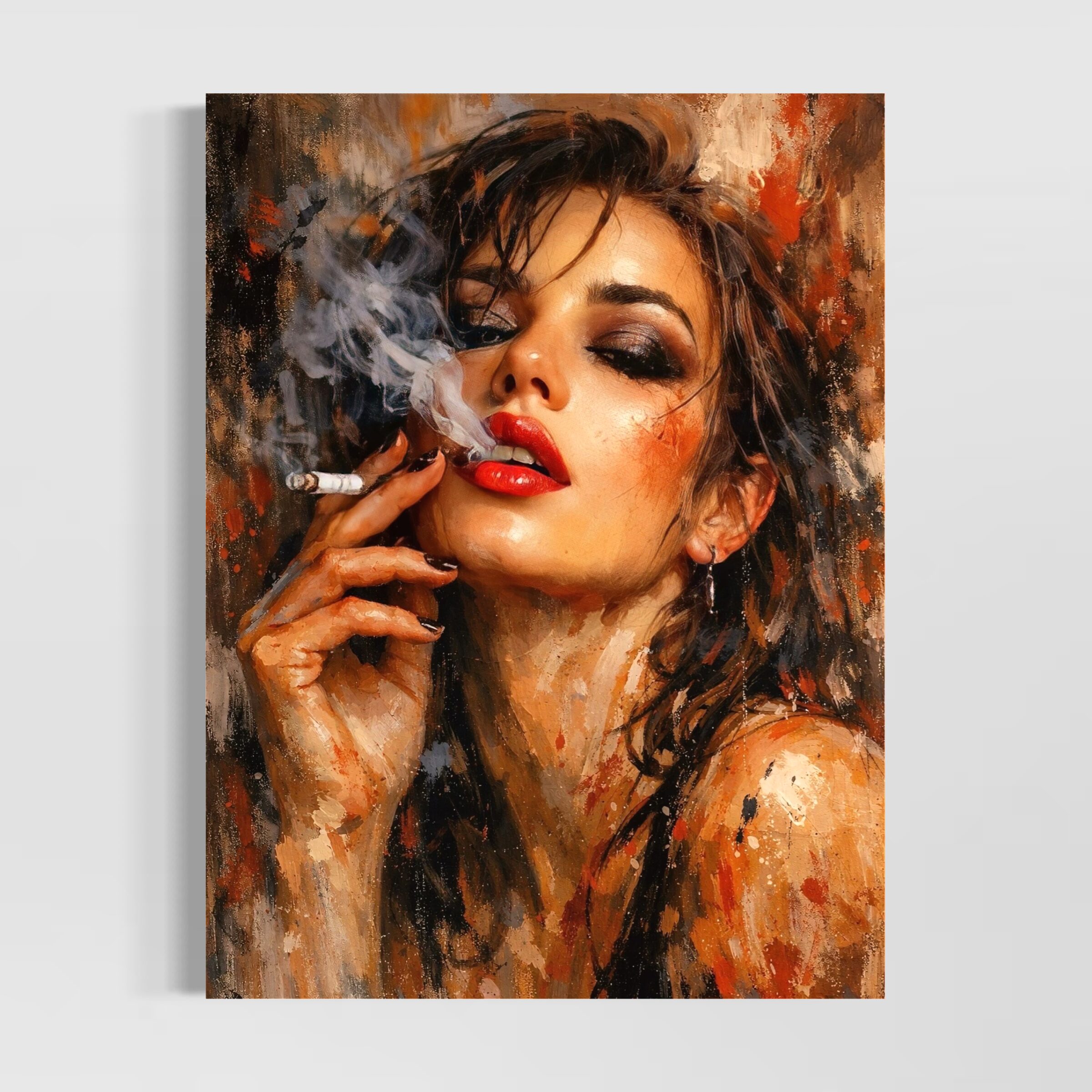 Tableau Femme Sensuelle – Ivresse Rouge Tableau Ivresse Rouge représentant un portrait de femme sensuelle aux lèvres rouges avec fumée, regard intense, touches picturales chaudes et atmosphère artistique contemporaine.
