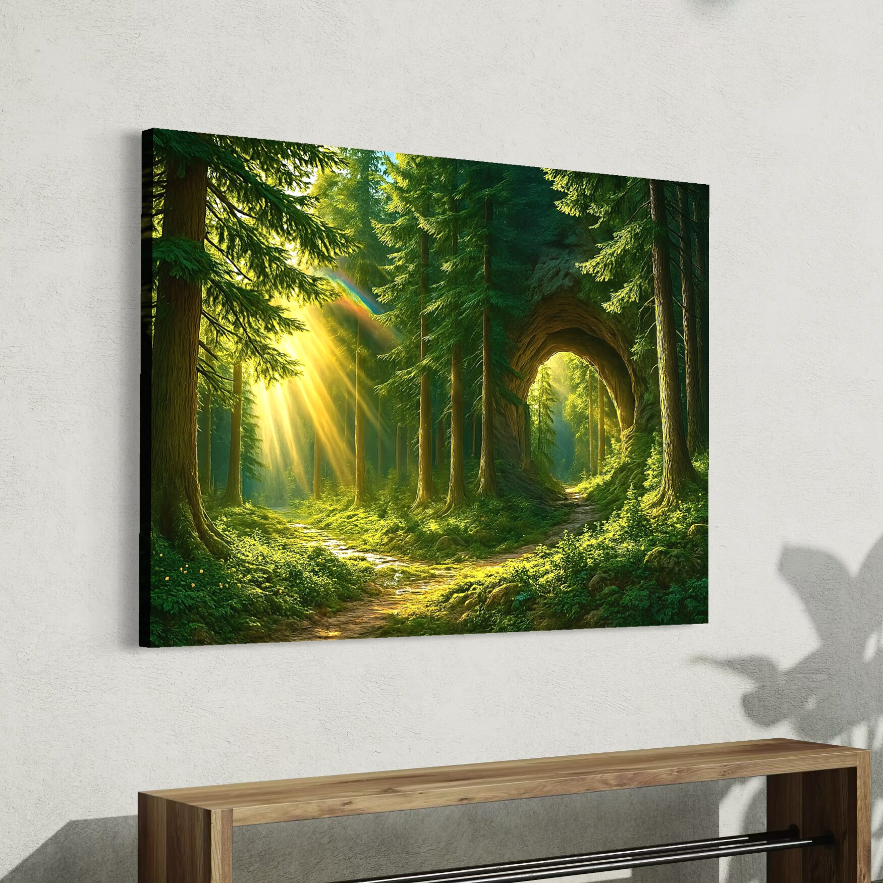 Tableau forêt enchantée Murmure des Bois imprimé sur toile canvas avec rayons de soleil traversant les arbres majestueux