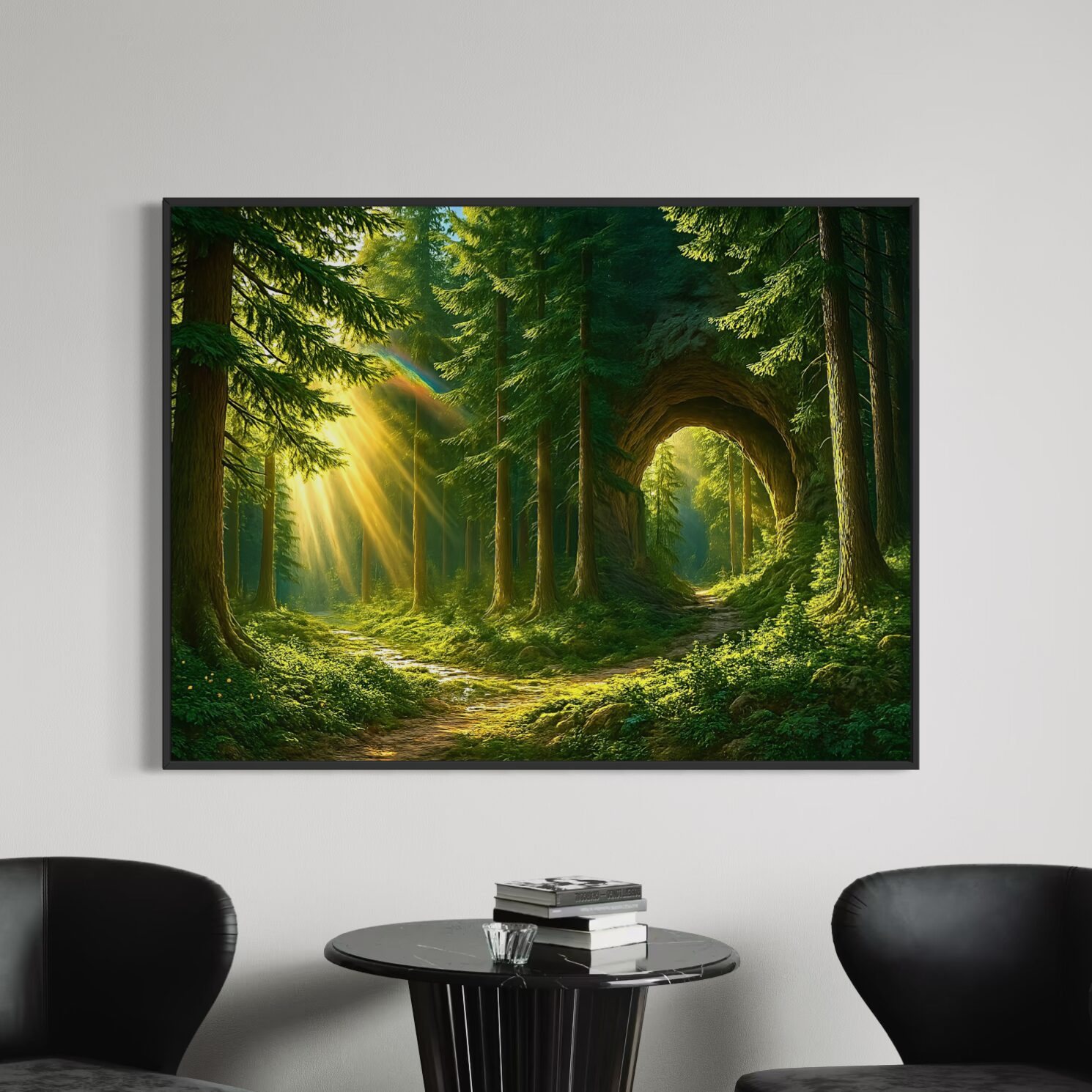 Tableau forêt enchantée Murmure des Bois avec rayons de soleil traversant les arbres et arche naturelle dans une décoration moderne
