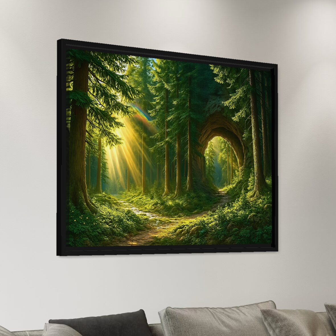 Tableau forêt lumineuse Murmure des Bois encadré avec rayons de soleil traversant les arbres et arche naturelle dans une forêt enchantée