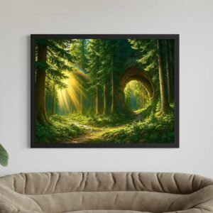 Tableau forêt lumineuse Murmure des Bois encadré dans un salon moderne avec rayons de soleil traversant une forêt enchantée