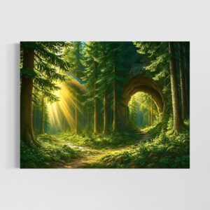 Tableau forêt lumineuse Murmure des Bois avec rayons de soleil traversant les arbres et arche naturelle au cœur de la nature