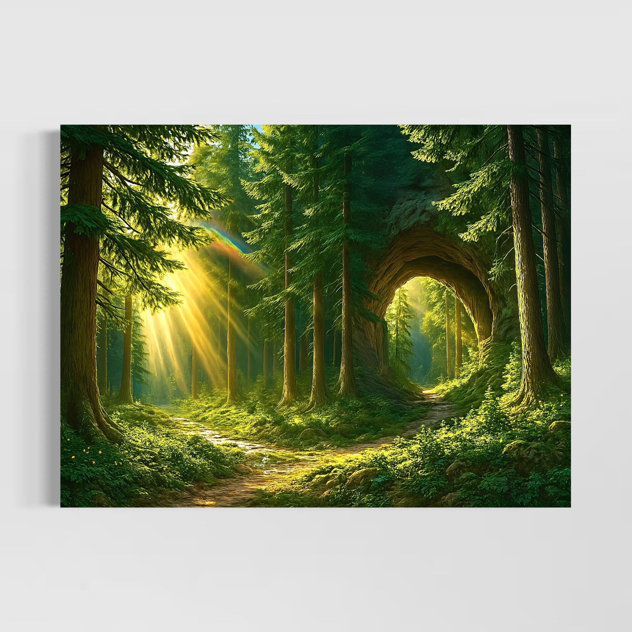 Tableau forêt lumineuse Murmure des Bois avec rayons de soleil traversant les arbres et arche naturelle au cœur de la nature