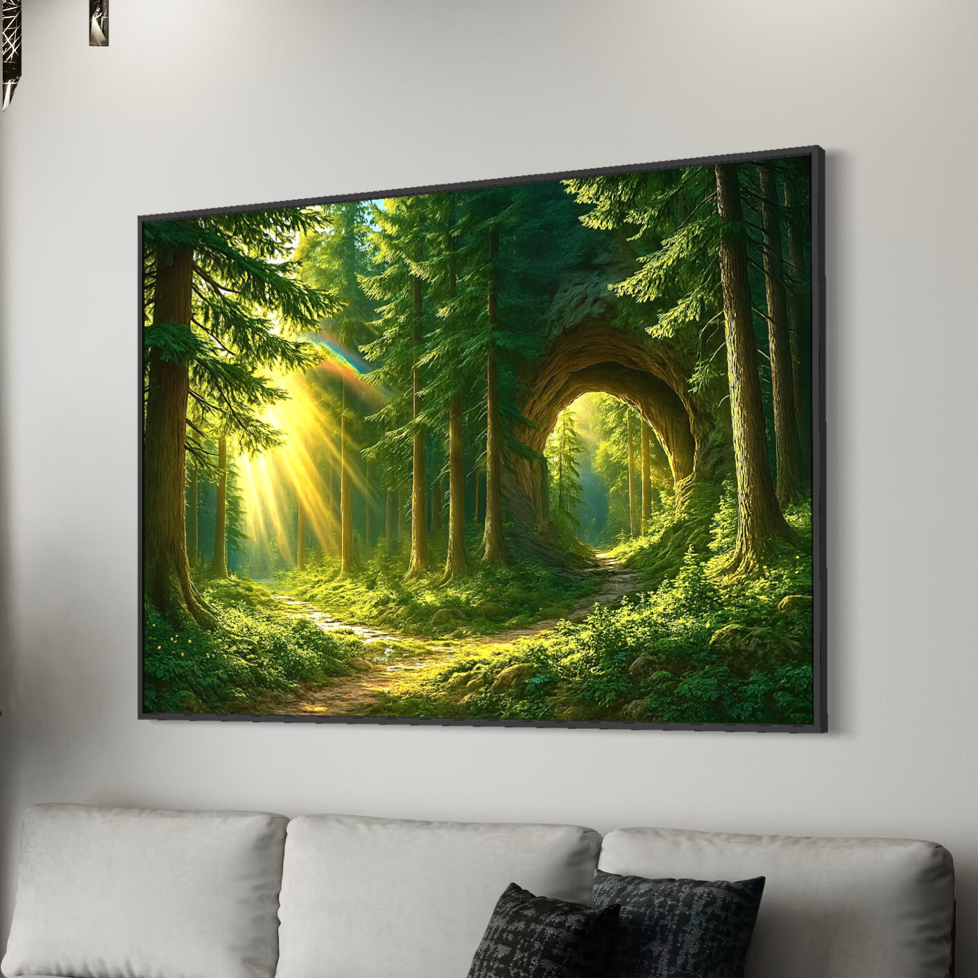 Tableau forêt magique Murmure des Bois avec rayons de soleil traversant une forêt enchantée dans un salon contemporain