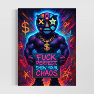 Accueil Tableau Fuck Perfect représentant un personnage masqué tenant le message "Show Your Chaos" dans un univers néon inspiré du street art contemporain.