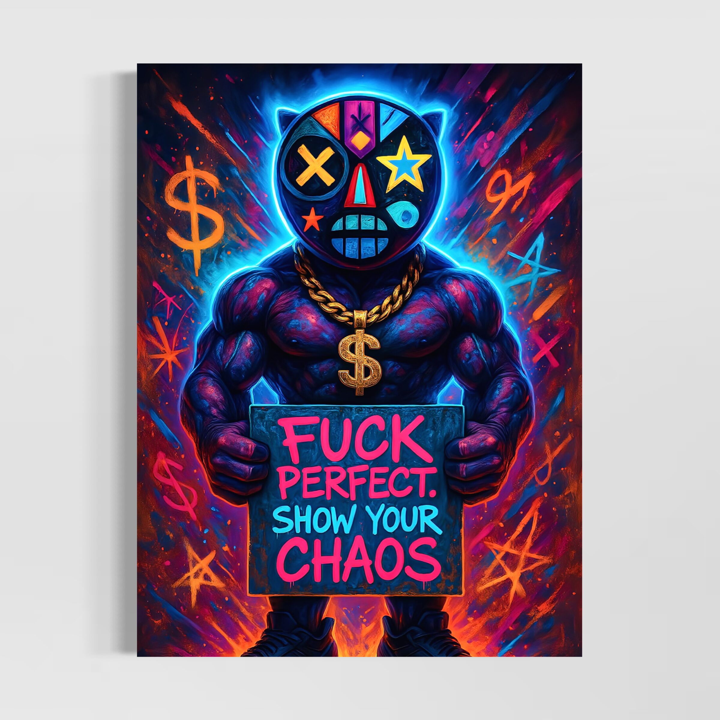 Tableau Fuck Perfect représentant un personnage masqué tenant le message "Show Your Chaos" dans un univers néon inspiré du street art contemporain.