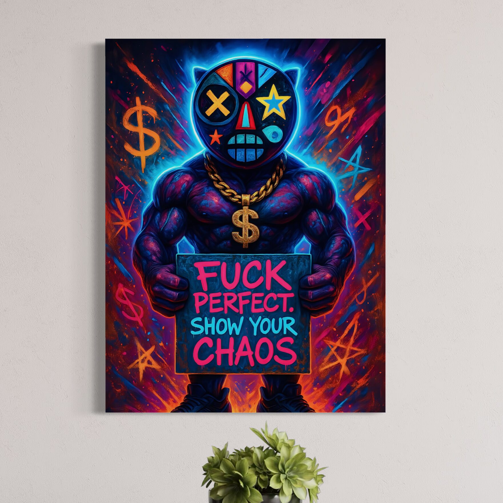 Tableau Fuck Perfect représentant un personnage masqué de style street art tenant un panneau "Show Your Chaos" dans un univers urbain néon coloré.