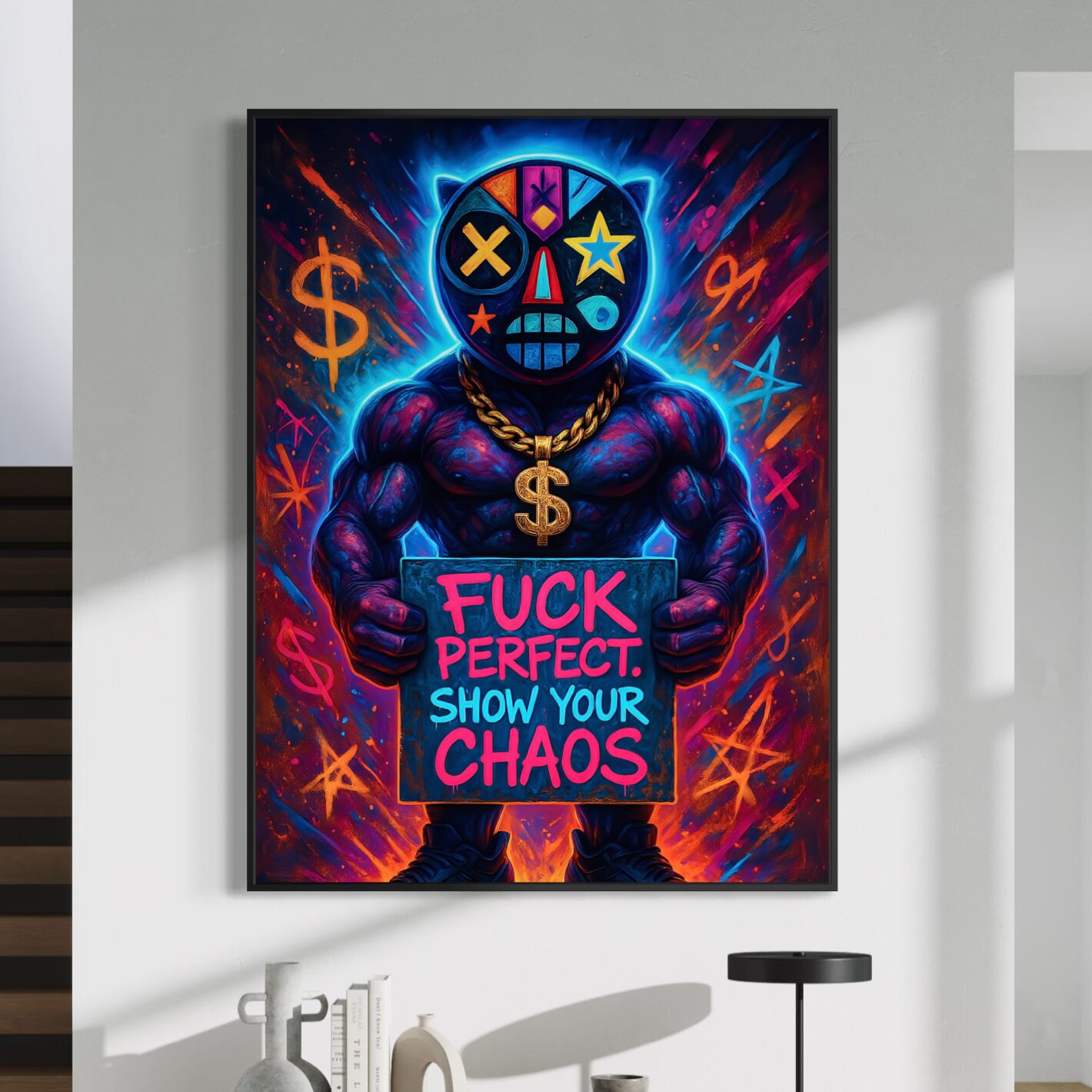 Tableau Fuck Perfect encadré représentant un personnage masqué tenant le message "Show Your Chaos" dans un univers street art néon coloré.