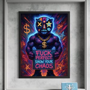 Accueil Tableau Fuck Perfect encadré avec personnage masqué street art tenant une pancarte "Show Your Chaos" sur fond graffiti néon coloré.