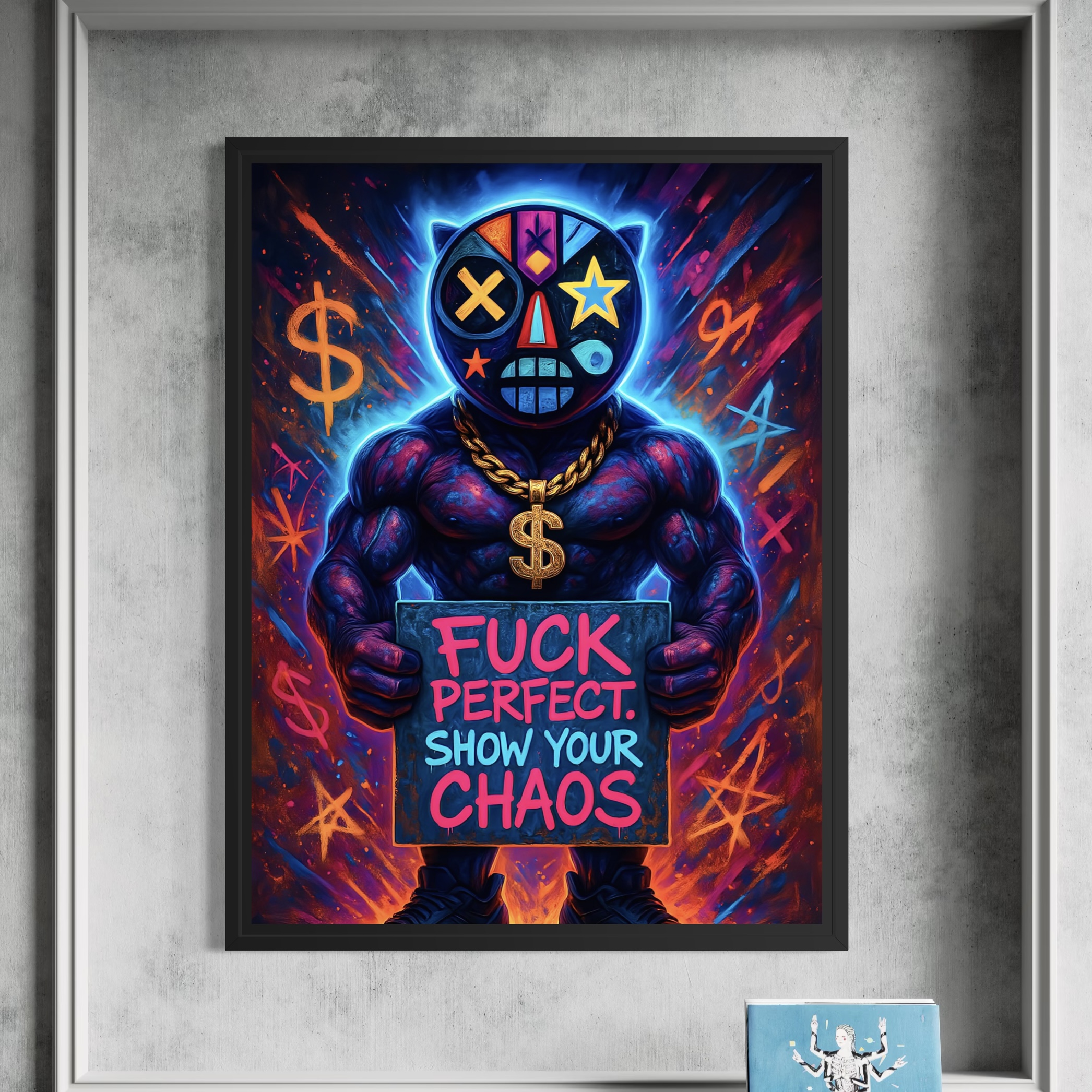 Tableau Fuck Perfect encadré avec personnage masqué street art tenant une pancarte "Show Your Chaos" sur fond graffiti néon coloré.