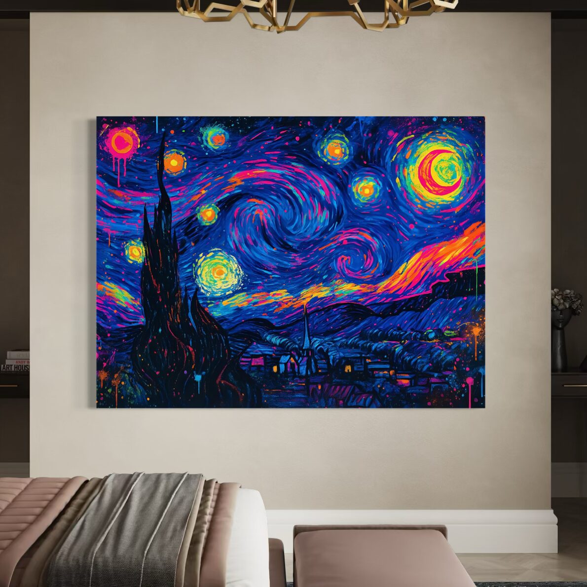 Tableau L'Écho des Étoiles – Nuit Étoilée Moderne Colorée | SPEKTRA Tableau grand format L'Écho des Étoiles inspiré de La Nuit Étoilée de Van Gogh dans un intérieur contemporain haut de gamme.