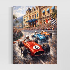 Tableau Grand Prix de Monaco Légende Monégasque représentant des voitures de course vintage sur le circuit de Monte-Carlo devant le Casino de Monaco