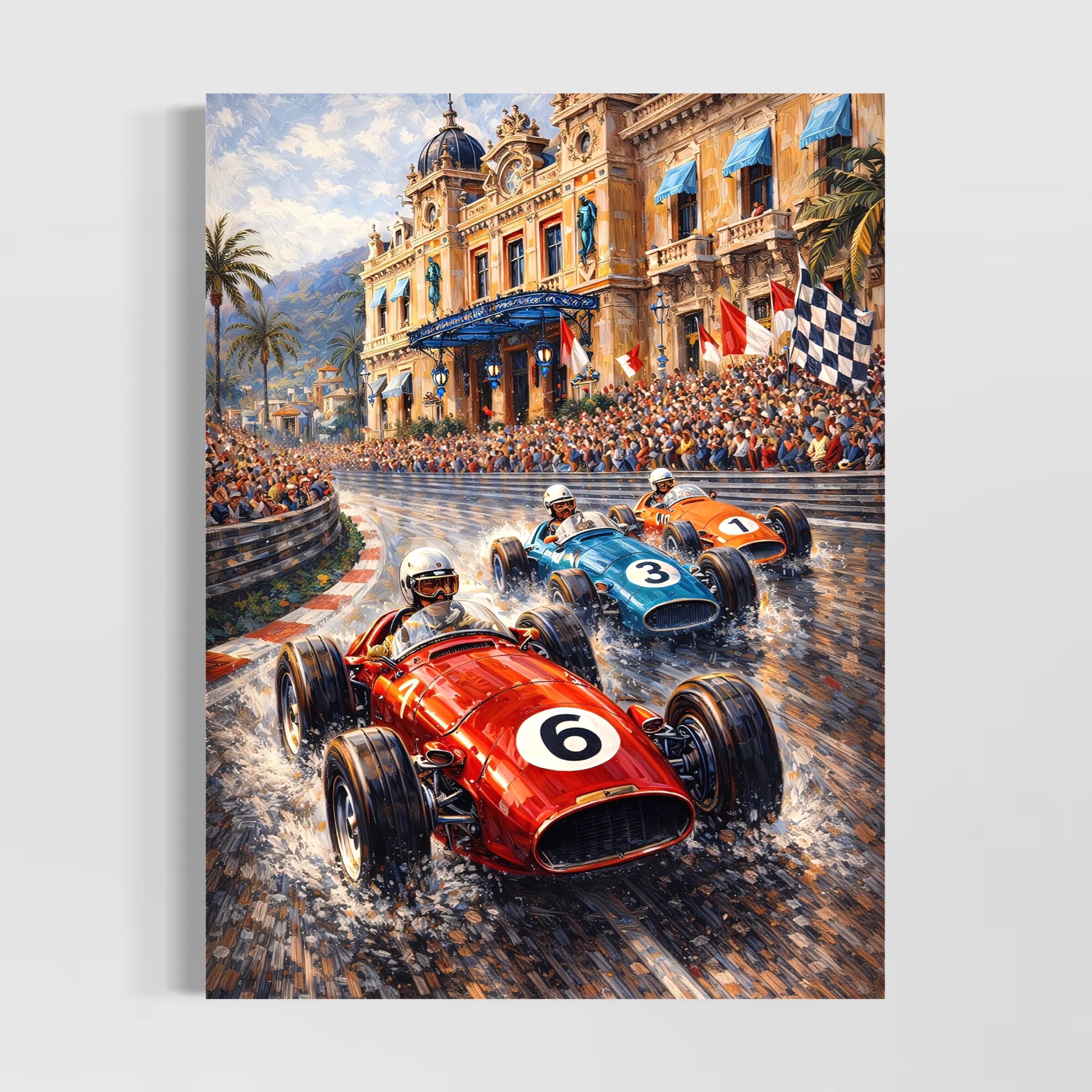 Tableau Grand Prix Monaco – Légende Monégasque Tableau Grand Prix de Monaco Légende Monégasque représentant des voitures de course vintage sur le circuit de Monte-Carlo devant le Casino de Monaco