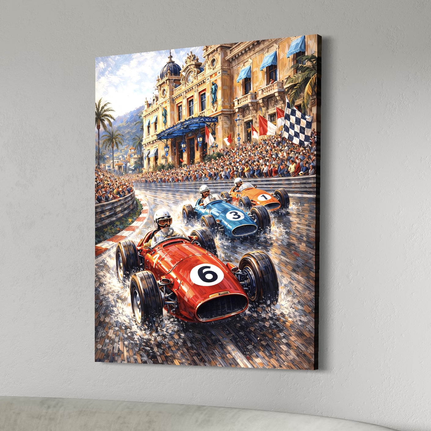 Tableau Grand Prix Monaco – Légende Monégasque Tableau Grand Prix de Monaco vintage Légende Monégasque représentant des voitures de course historiques devant le Casino de Monte-Carlo sous les acclamations du public