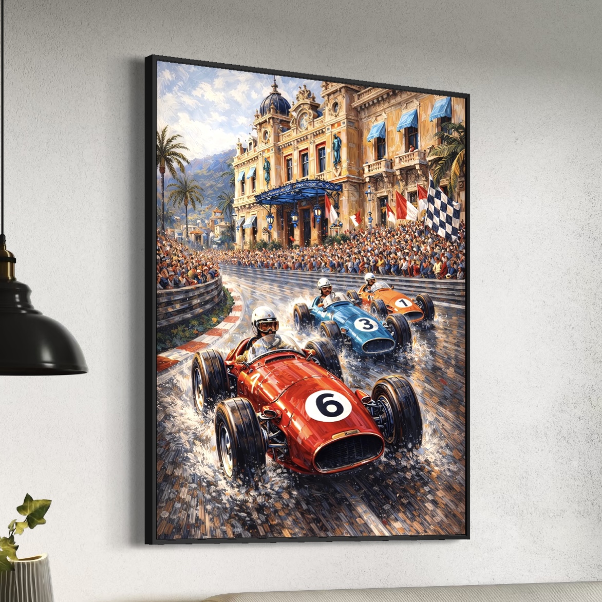 Tableau Grand Prix Monaco – Légende Monégasque Tableau Grand Prix de Monaco vintage Légende Monégasque représentant des voitures de course historiques devant le Casino de Monte-Carlo