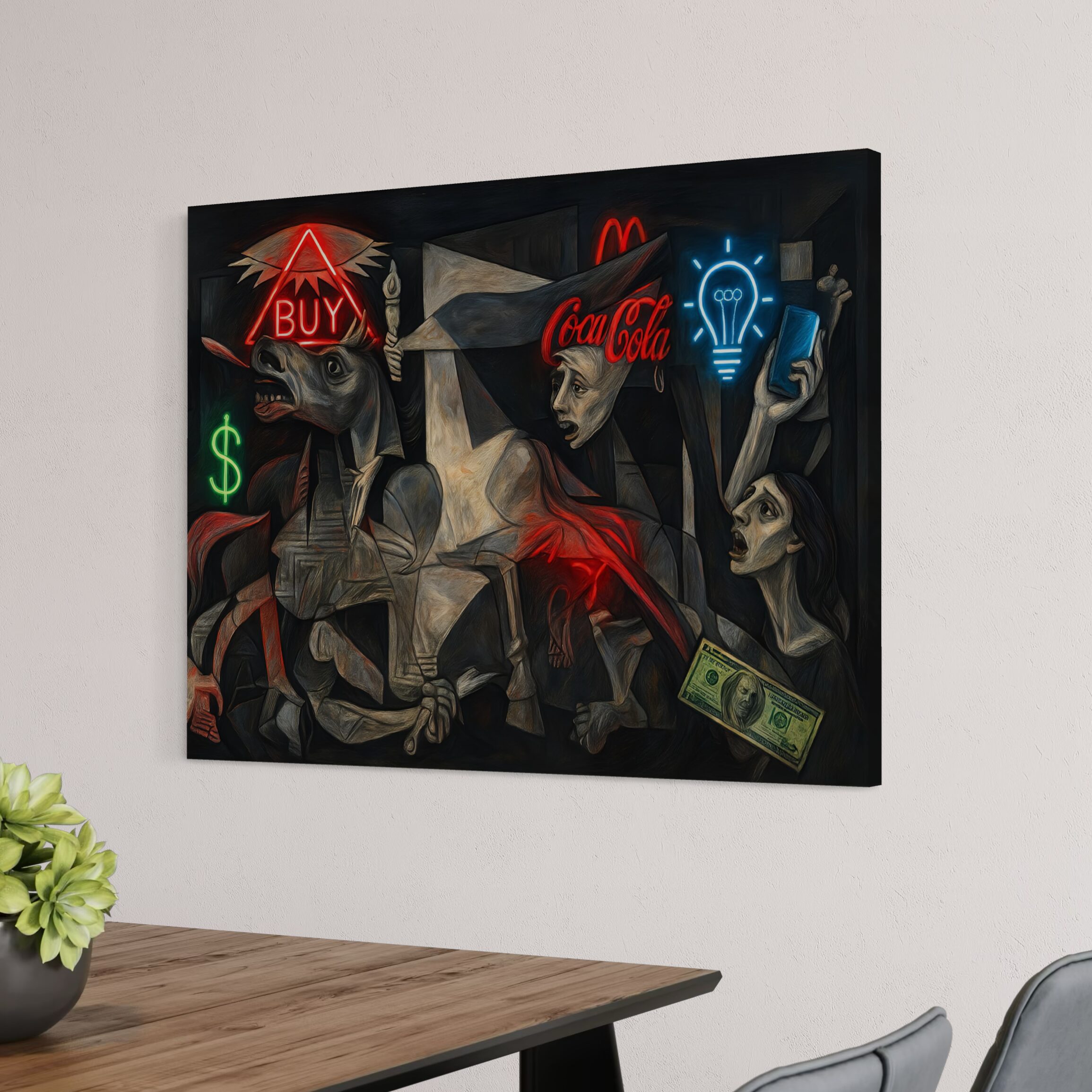 Tableau Guernica Capitaliste – Art Contemporain Satirique | SPEKTRA Tableau Guernica Capitaliste représentant une critique de la société de consommation avec symboles publicitaires, argent et technologie.