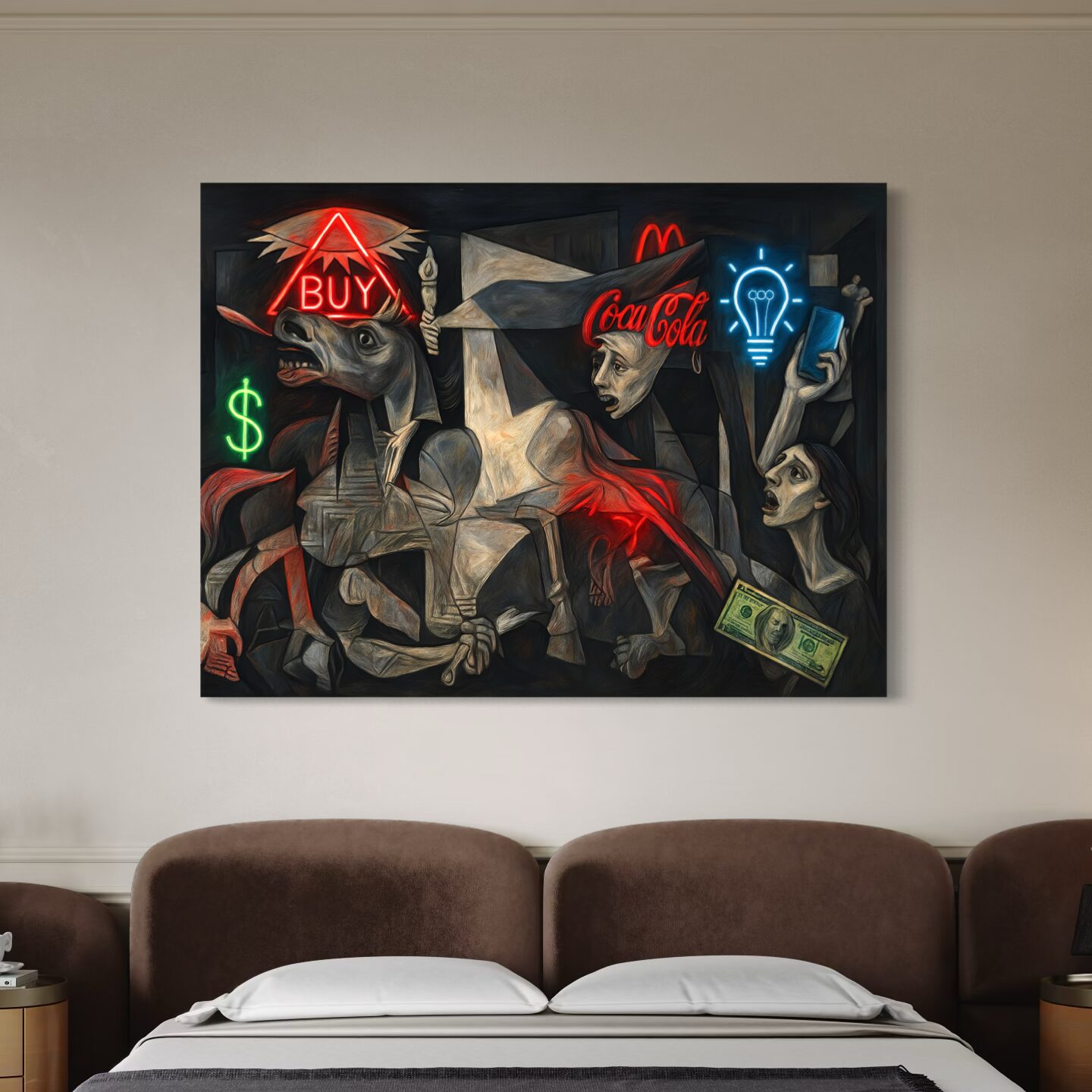 Tableau Guernica Capitaliste – Art Contemporain Satirique | SPEKTRA Tableau Guernica Capitaliste installé dans une chambre moderne avec décoration contemporaine et ambiance artistique.