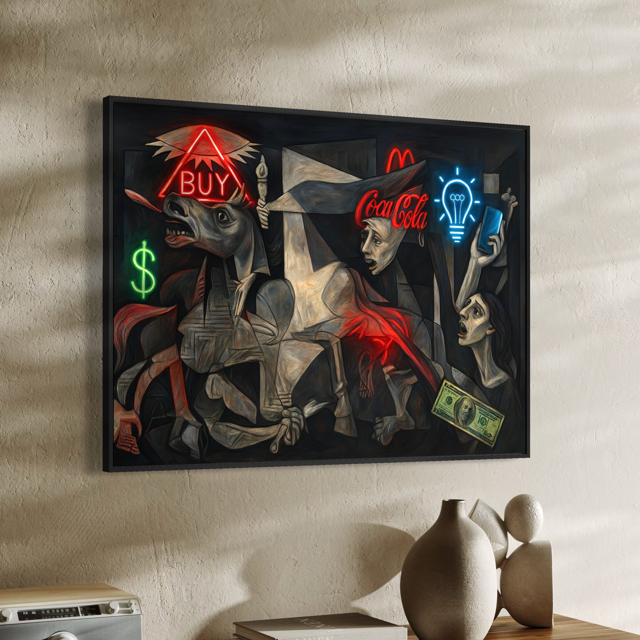 Tableau Guernica Capitaliste – Art Contemporain Satirique | SPEKTRA Tableau Guernica Capitaliste encadré dans un intérieur contemporain avec mobilier minimaliste et décoration design.