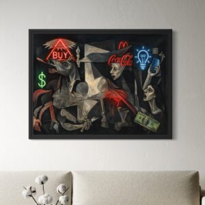 Tableau Guernica Capitaliste encadré dans un salon moderne avec décoration minimaliste et ambiance contemporaine.