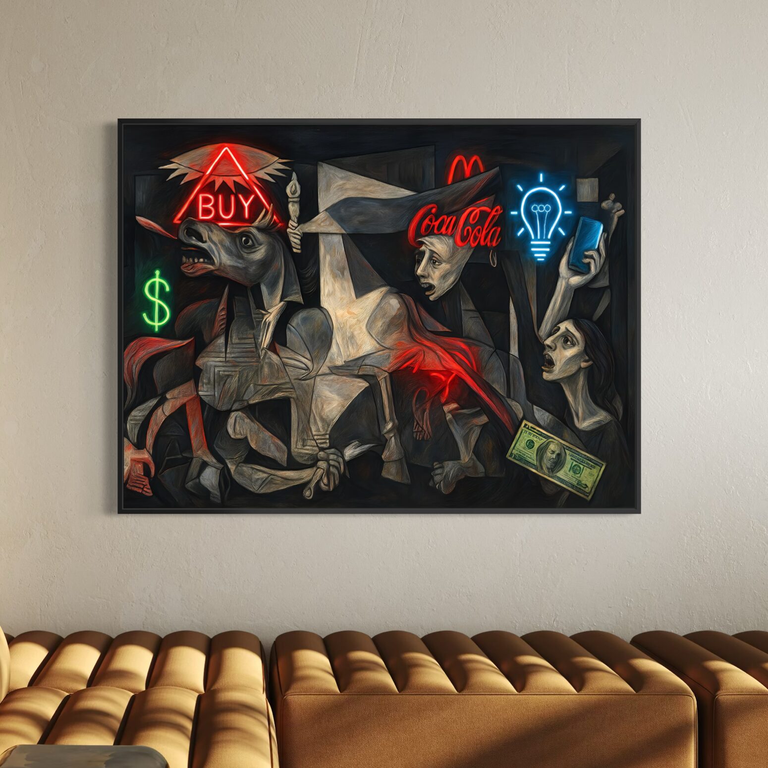 Tableau Guernica Capitaliste – Art Contemporain Satirique | SPEKTRA Tableau Guernica Capitaliste exposé dans un salon design avec canapé contemporain et décoration moderne.