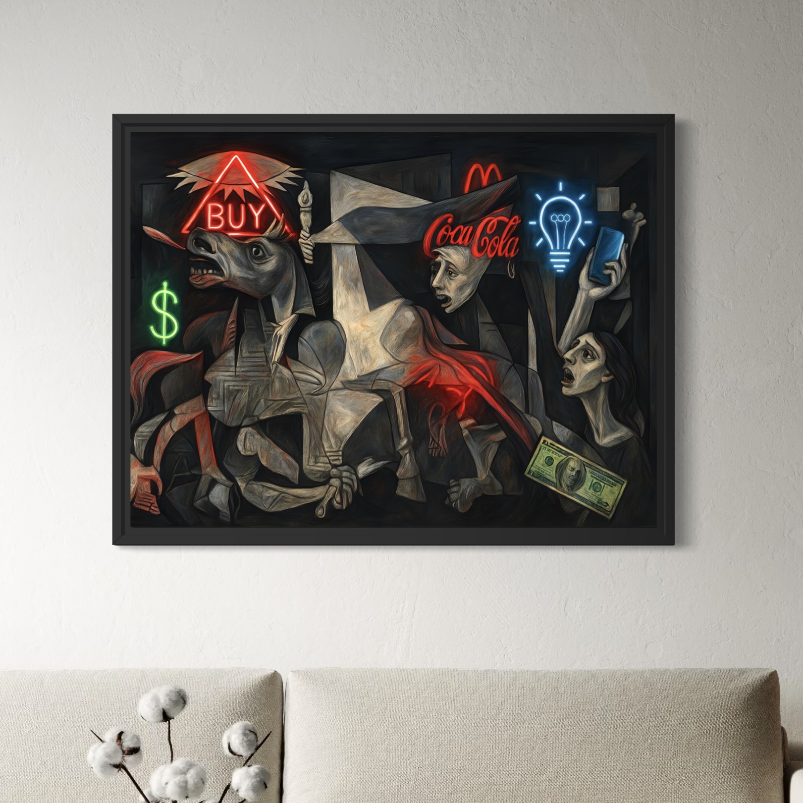 Tableau Guernica Capitaliste – Art Contemporain Satirique | SPEKTRA Tableau Guernica Capitaliste encadré dans un salon moderne avec décoration minimaliste et ambiance contemporaine.