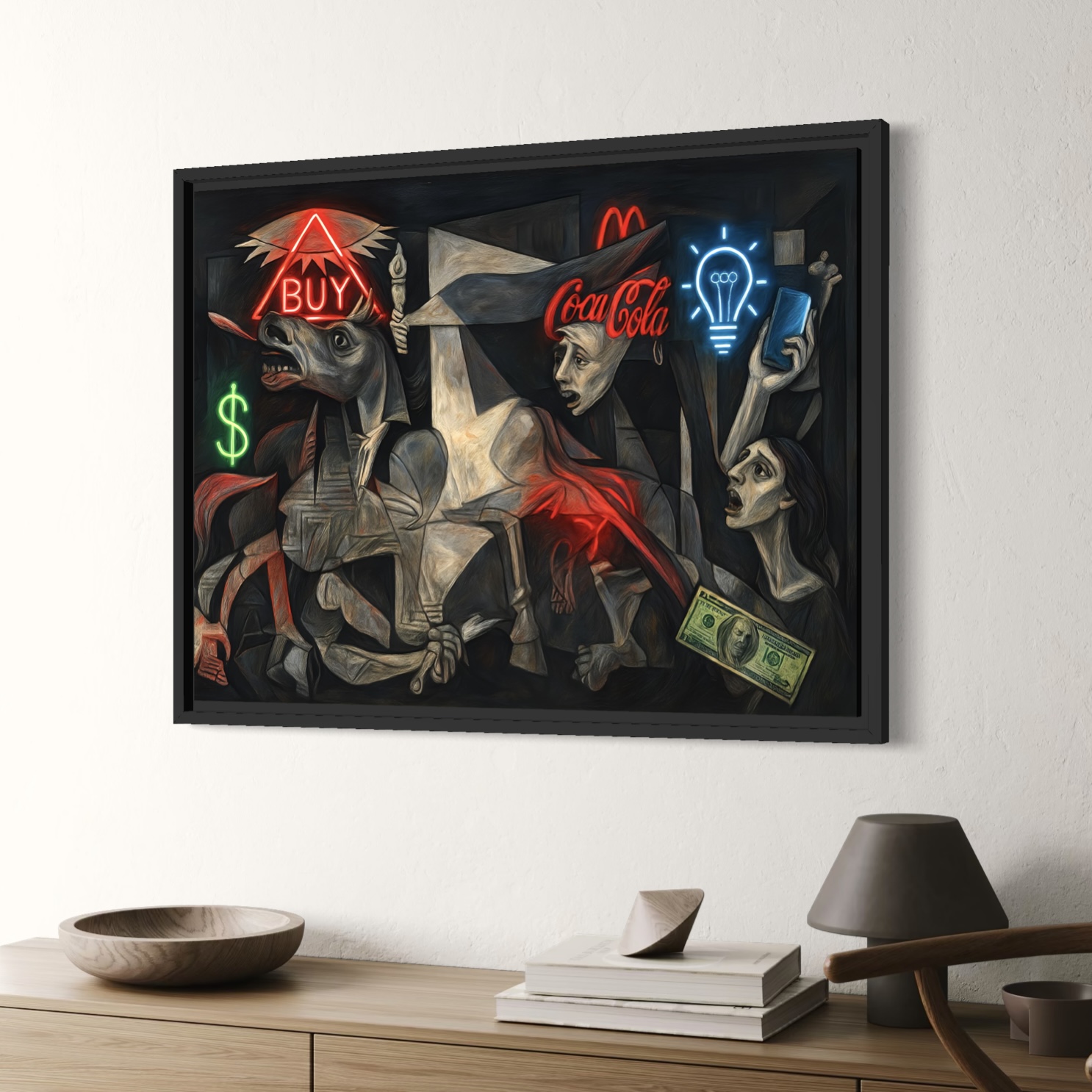Tableau Guernica Capitaliste – Art Contemporain Satirique | SPEKTRA Tableau Guernica Capitaliste vu de côté dans un intérieur contemporain avec cadre noir et décoration moderne.
