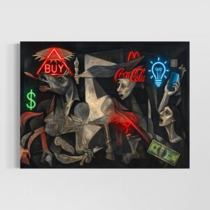Tableau Guernica Capitaliste représentant une réinterprétation contemporaine de Guernica avec symboles de consommation, publicité, argent et technologie.