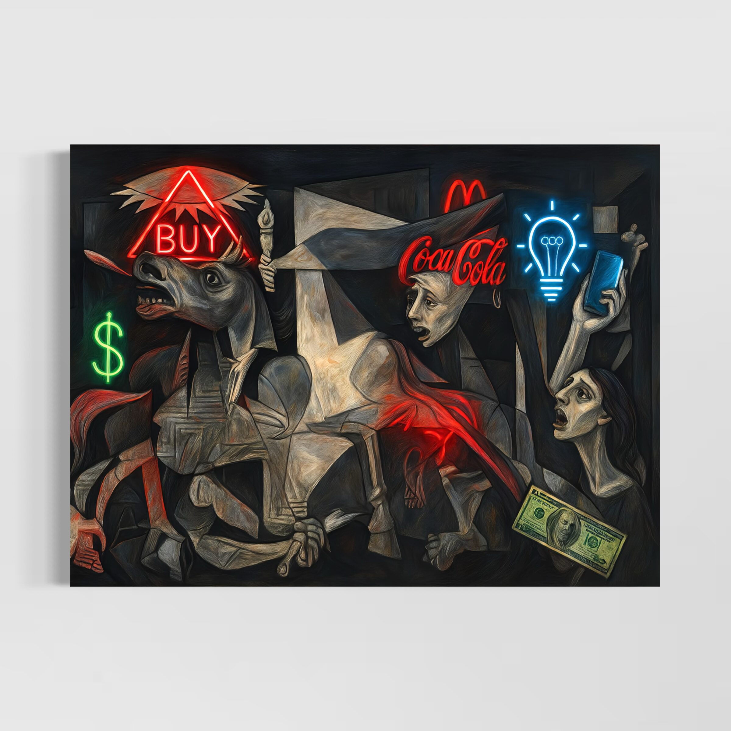 Tableau Guernica Capitaliste – Art Contemporain Satirique | SPEKTRA Tableau Guernica Capitaliste représentant une réinterprétation contemporaine de Guernica avec symboles de consommation, publicité, argent et technologie.