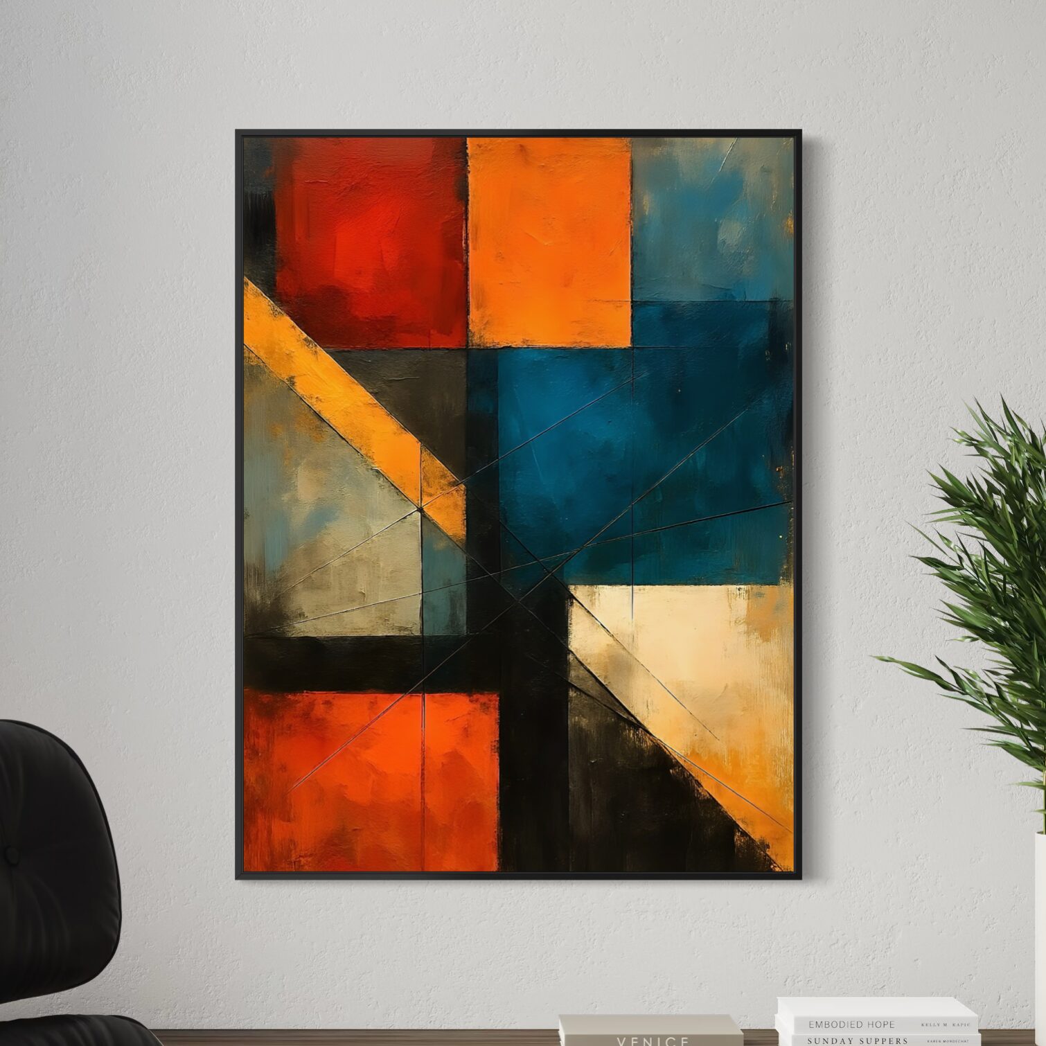 Tableau Harmonie Cachée représentant une composition abstraite géométrique aux couleurs bleu pétrole, orange brûlé, noir et beige dans un style contemporain moderne.