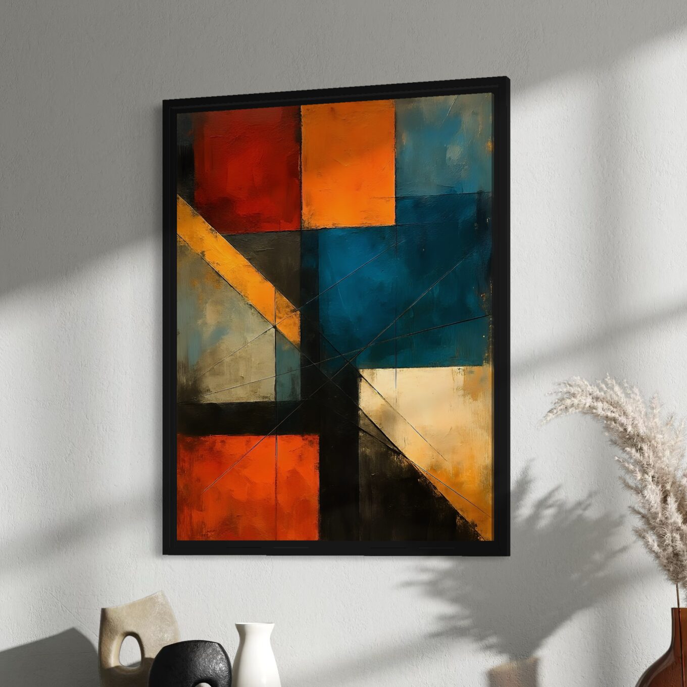 Tableau Harmonie Cachée représentant une composition abstraite géométrique aux nuances de bleu pétrole, orange et noir dans un style contemporain moderne.