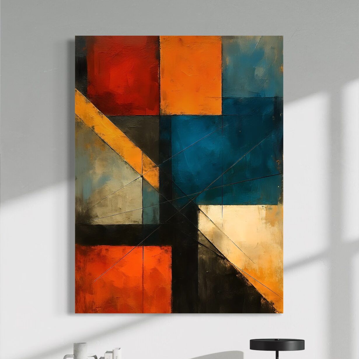 Tableau abstrait géométrique Harmonie Cachée aux couleurs bleu pétrole, orange, noir et beige dans un style contemporain moderne pour salon et bureau.