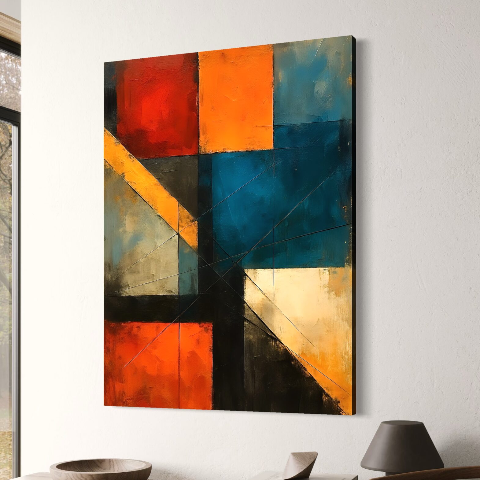 Tableau abstrait géométrique Harmonie Cachée aux couleurs bleu pétrole, orange et noir présenté dans un intérieur contemporain.