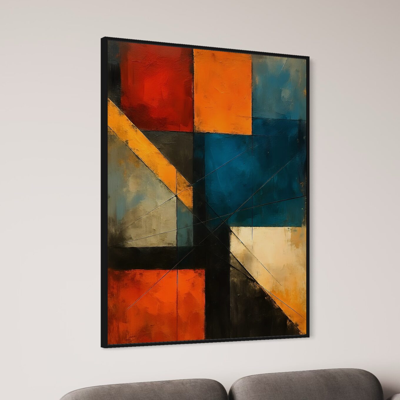 Tableau Harmonie Cachée représentant une composition abstraite géométrique aux nuances de bleu pétrole, orange et noir dans un style contemporain moderne.