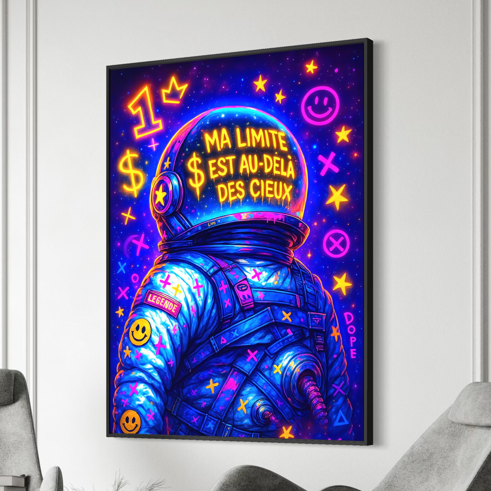Tableau Horizon Infini – Astronaute Pop Art et Ambition | SPEKTRA Tableau Horizon Infini encadré représentant un astronaute pop art dans l’espace avec citation inspirante, couleurs néon et univers cosmique contemporain