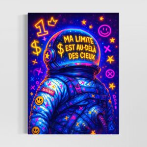 Tableau Horizon Infini représentant un astronaute pop art dans l’espace avec citation motivante, couleurs néon, étoiles et symboles de réussite contemporains