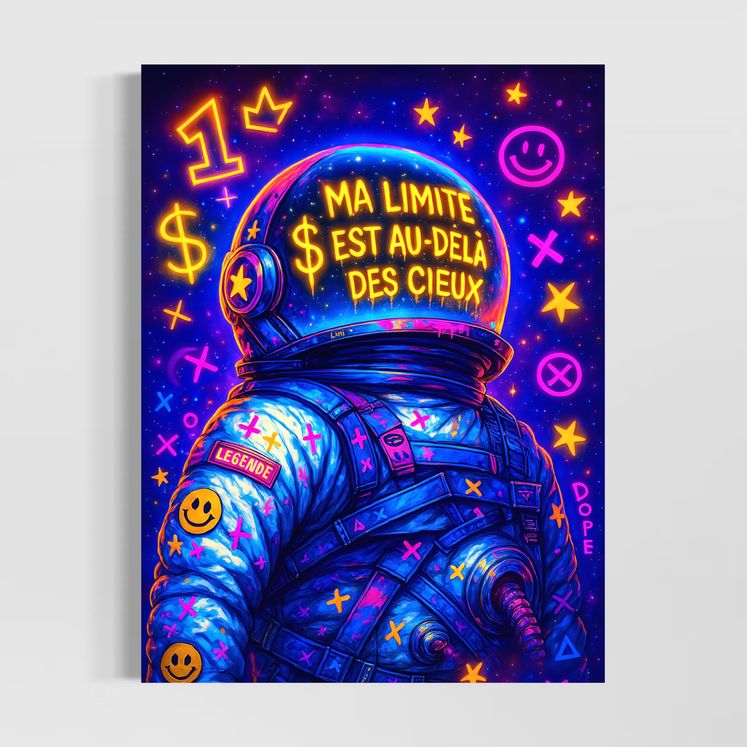 Tableau Horizon Infini – Astronaute Pop Art et Ambition | SPEKTRA Tableau Horizon Infini représentant un astronaute pop art dans l’espace avec citation motivante, couleurs néon, étoiles et symboles de réussite contemporains