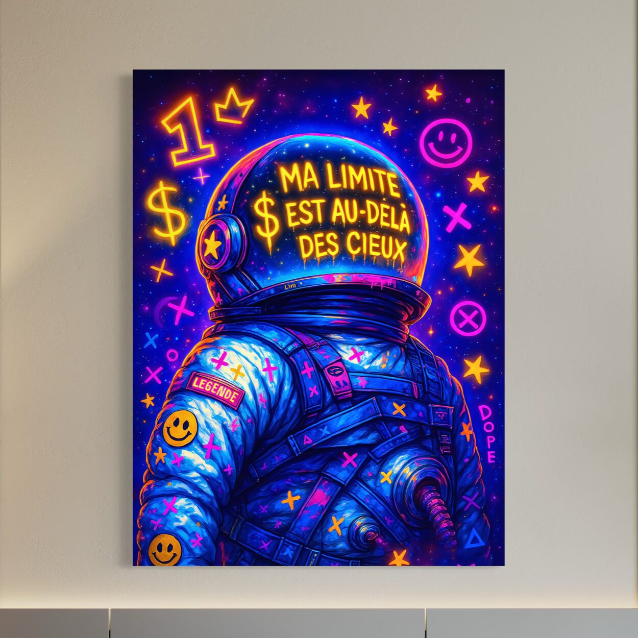 Tableau Horizon Infini – Astronaute Pop Art et Ambition | SPEKTRA Tableau Horizon Infini représentant un astronaute pop art dans l’espace avec citation motivante, étoiles lumineuses et couleurs néon contemporaines