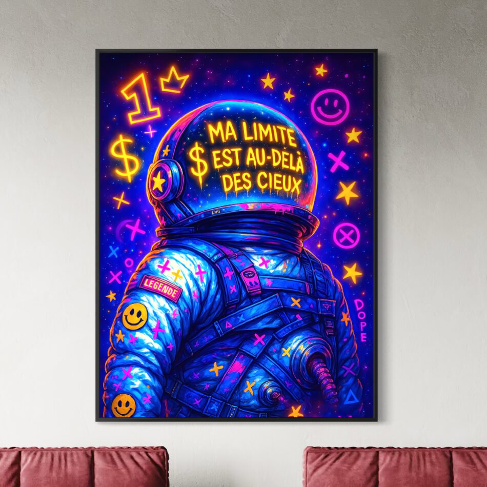 Tableau Horizon Infini – Astronaute Pop Art et Ambition | SPEKTRA Tableau Horizon Infini représentant un astronaute pop art dans un salon moderne avec couleurs néon, univers spatial et citation inspirante