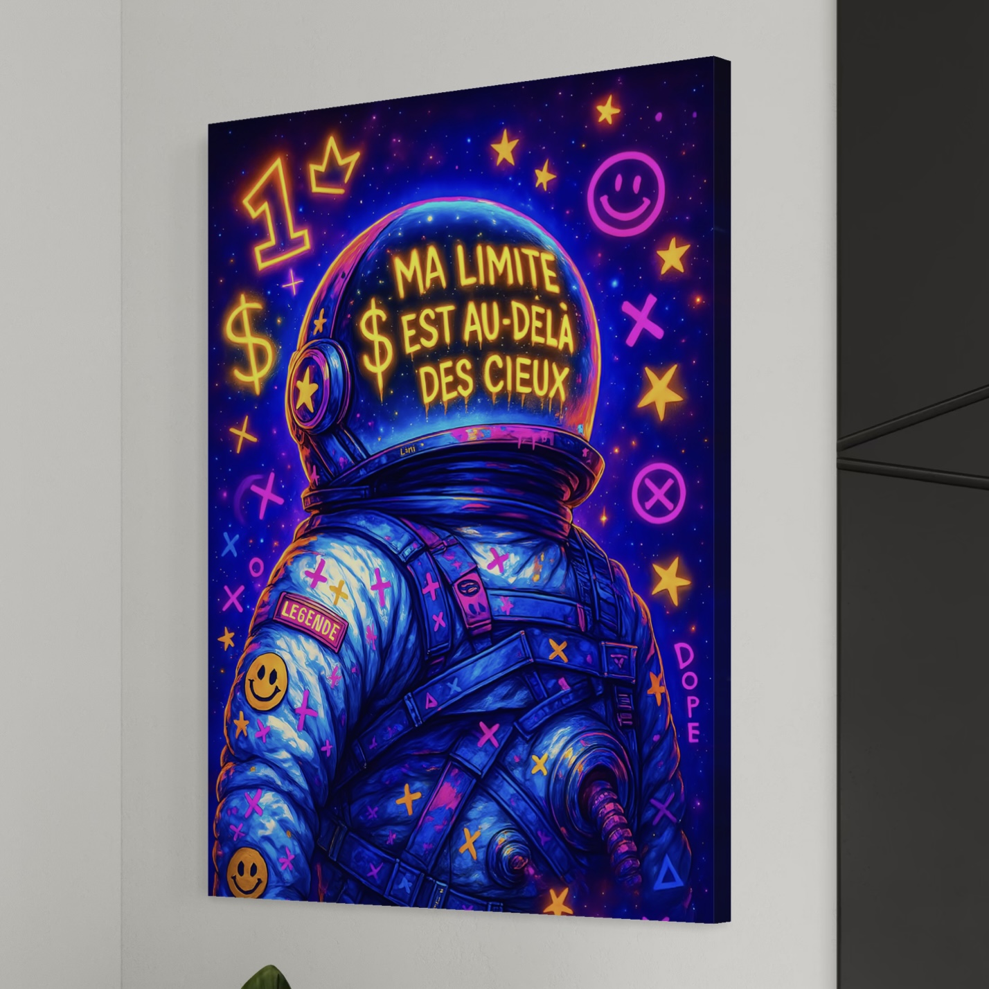 Tableau Horizon Infini – Astronaute Pop Art et Ambition | SPEKTRA Tableau Horizon Infini accroché au mur représentant un astronaute pop art avec couleurs néon et univers spatial contemporain