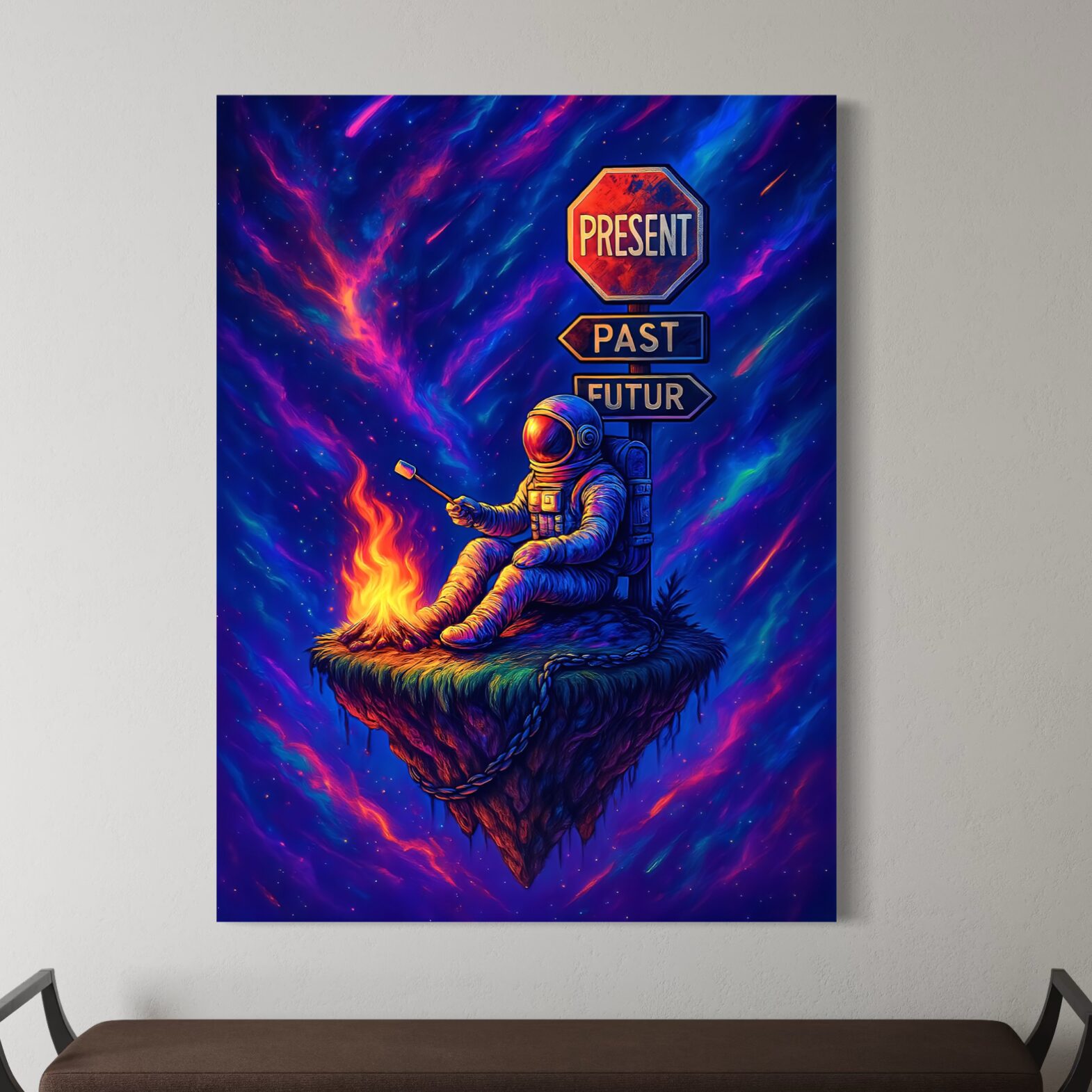Tableau Hors du Temps – Astronaute, Cosmos et Présent Tableau Hors du Temps installé au-dessus d’une banquette marron, représentant un astronaute près d’un feu sur une île flottante dans un cosmos coloré.