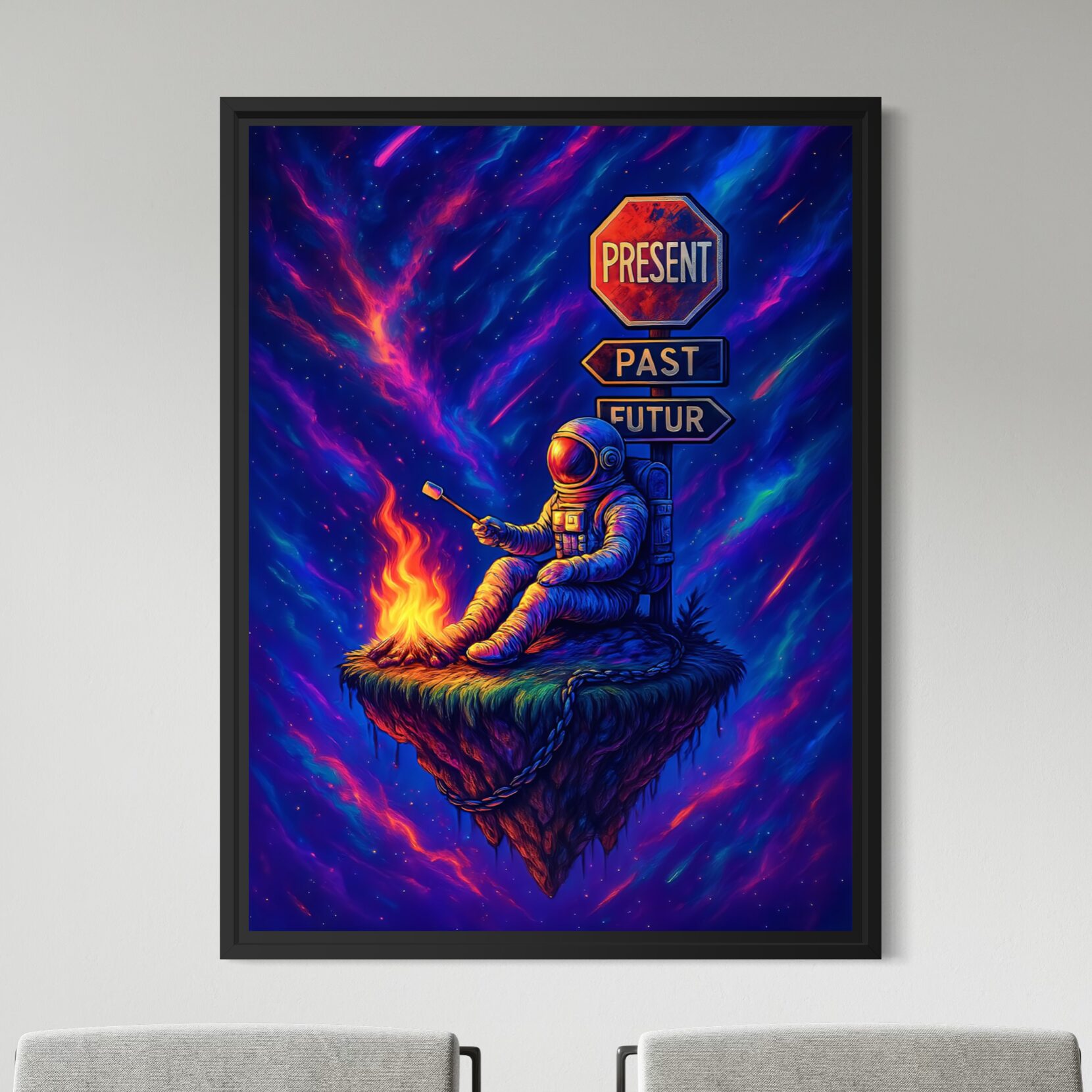 Tableau Hors du Temps – Astronaute, Cosmos et Présent Tableau Hors du Temps encadré en noir, représentant un astronaute assis près d’un feu sur une île flottante, avec des panneaux Present, Past et Futur.