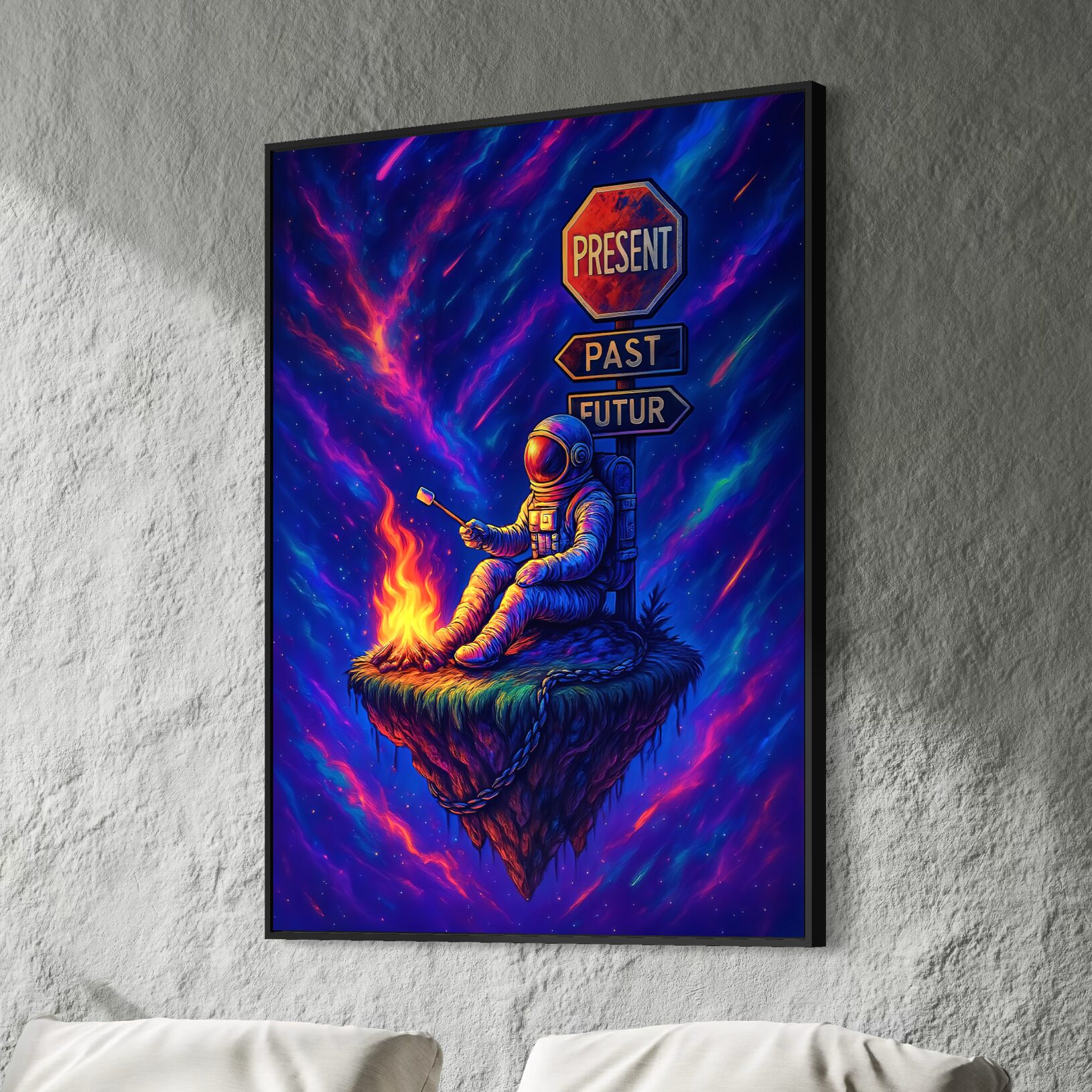 Tableau Hors du Temps – Astronaute, Cosmos et Présent Tableau Hors du Temps en vue latérale au-dessus de fauteuils blancs, représentant un astronaute près d’un feu sur une île flottante dans un cosmos coloré.